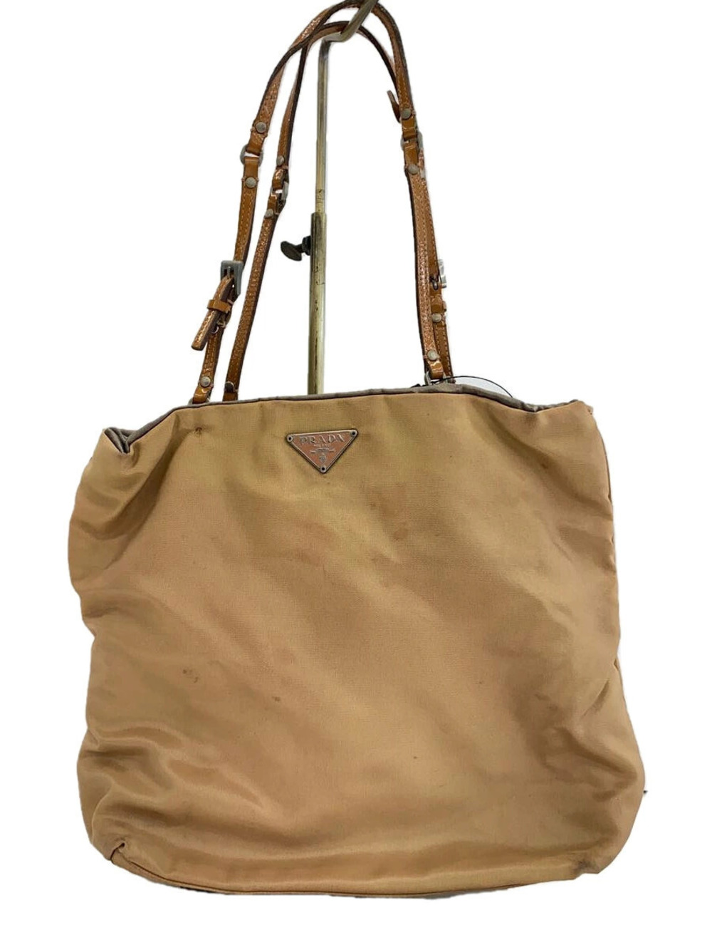 Prada beige tote bag distinctive enameled triangle logo Brown